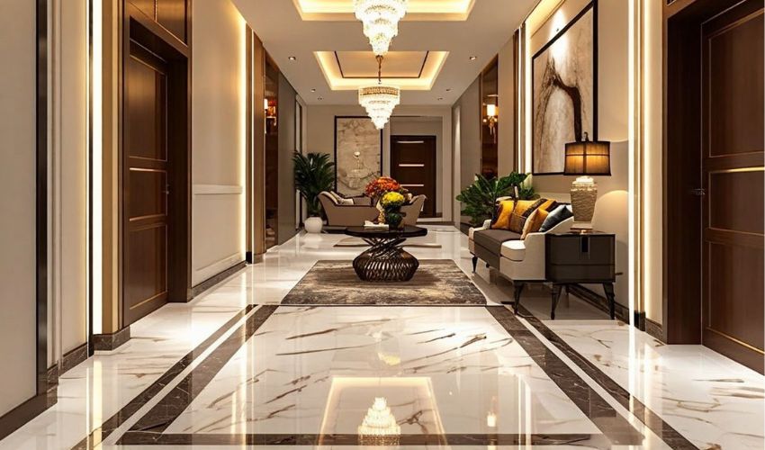 Grand entrance foyer of a luxury apartment in Pune.