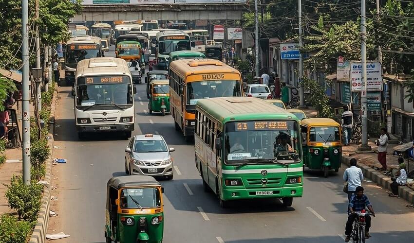 Public transport options in Baner including PMPML buses and taxis with visible metro development signs.