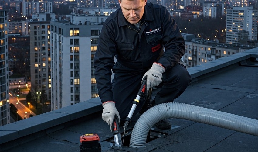 Resident inspecting roof and clearing drains to prepare luxury apartment for monsoon season.
