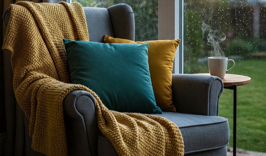 Cozy monsoon seating with tea and bright decor in a luxury apartment living room.