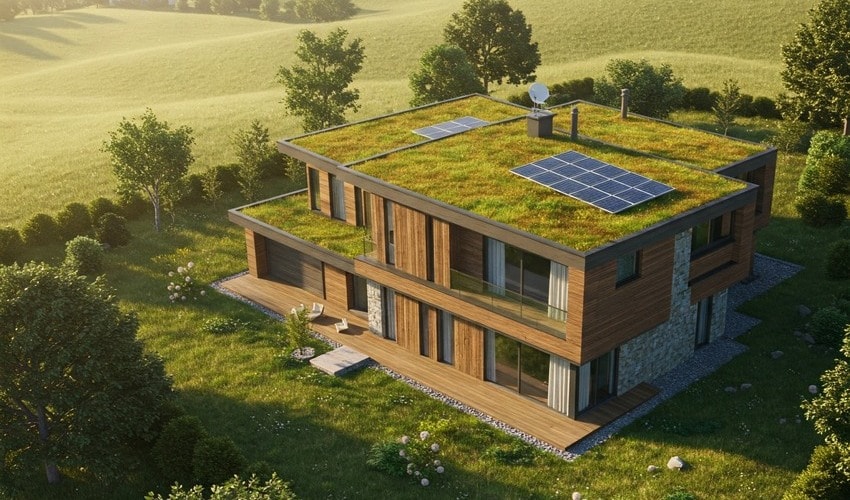 Sustainable luxury villa using solar power and eco materials in elegant architectural design.