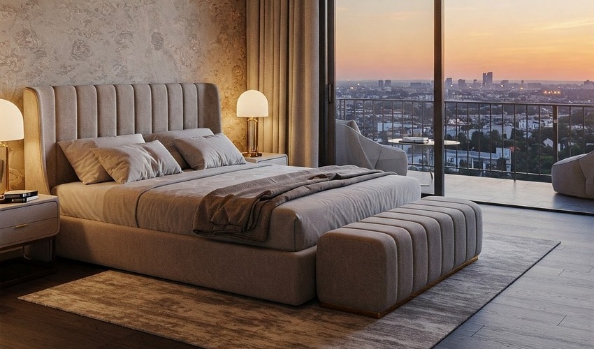 Personalized luxury bedroom with a scenic view and decor that reflects individual preferences.