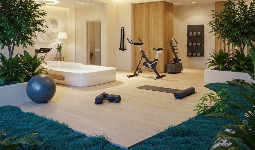 Luxury wellness area with spa and greenery focused on relaxation and holistic well-being.