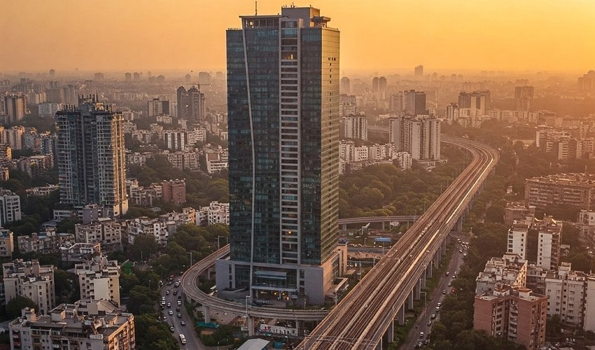 Pune city skyline with modern infrastructure, including metro and road networks.