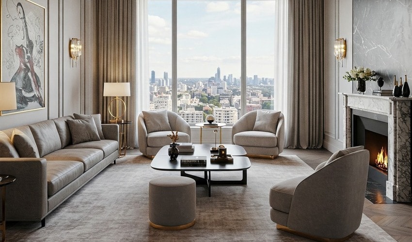 Luxury apartment at 24K Altura with elegant decor and panoramic city views.