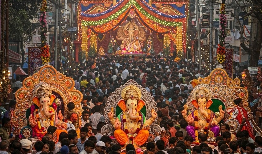 Ganesh Chaturthi celebration in Pune, with vibrant colors and cultural festivities.