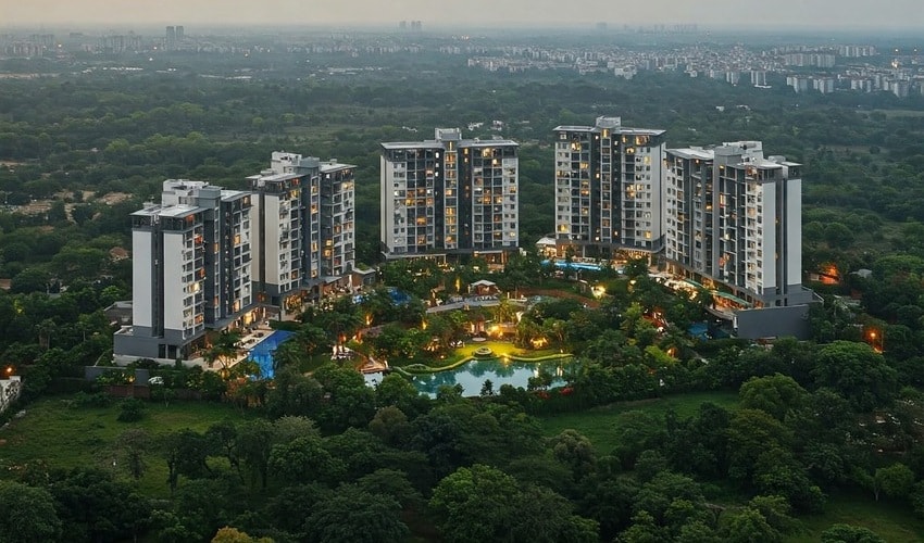 Scenic view of Baner with lush greenery and luxury residential buildings.