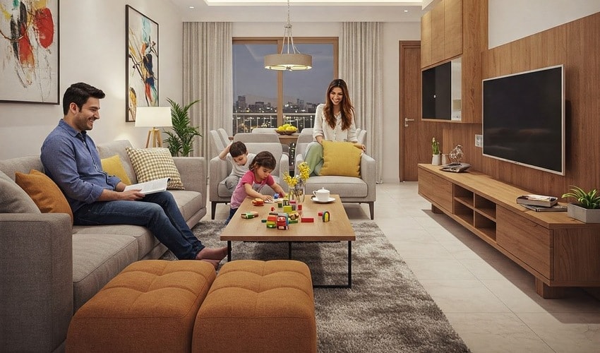 Family enjoying leisure time in the large living room of a 4 BHK apartment.
