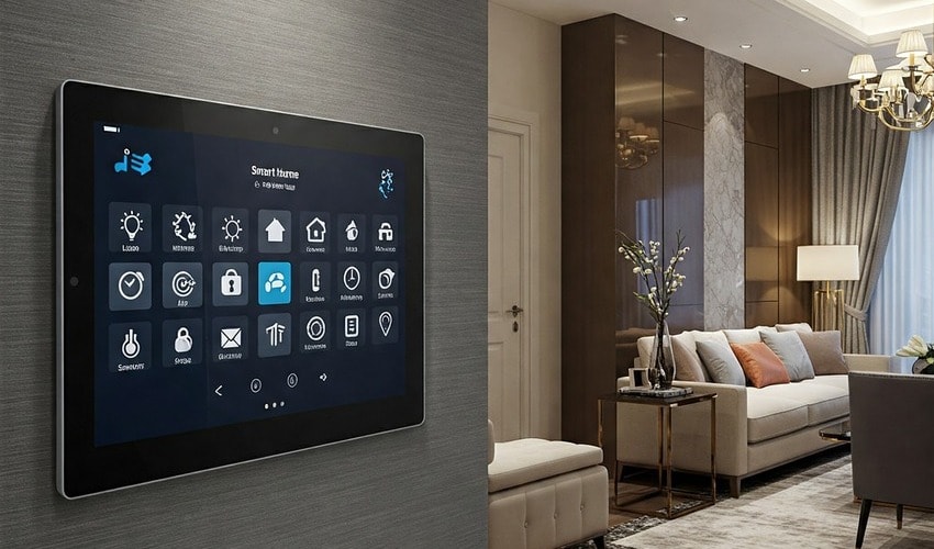 Smart home panel with automation features in a luxury 4 BHK apartment.