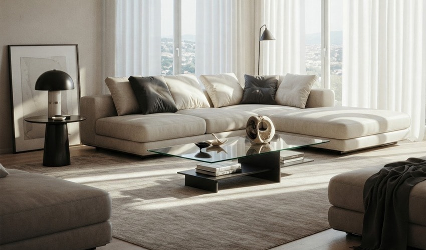 Spacious living room in a luxury flat at 24K Manor, with contemporary furnishings and ample sunlight.