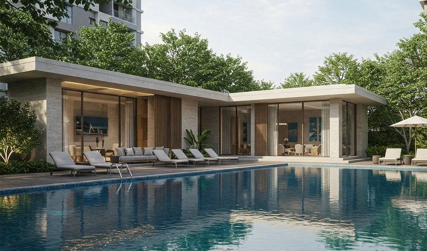 The luxurious swimming pool and clubhouse at 24K Manor offering relaxation and entertainment.