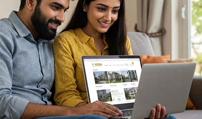 Indian homebuyers exploring RERA guidelines online before investing in a property.
