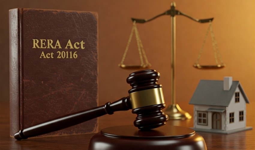 Real Estate Regulation and Development Act book with gavel and house model showing legal protection.