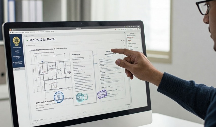 Developer registering project online on state RERA portal with legal and architectural documents.