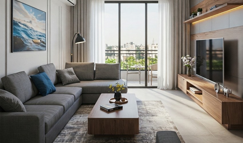 Spacious living room in Baner 3 BHK flat with modern interiors