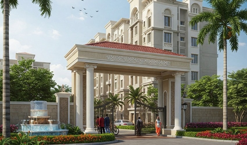 Grand entrance of a luxury residential project in Pune symbolizing premium urban living.