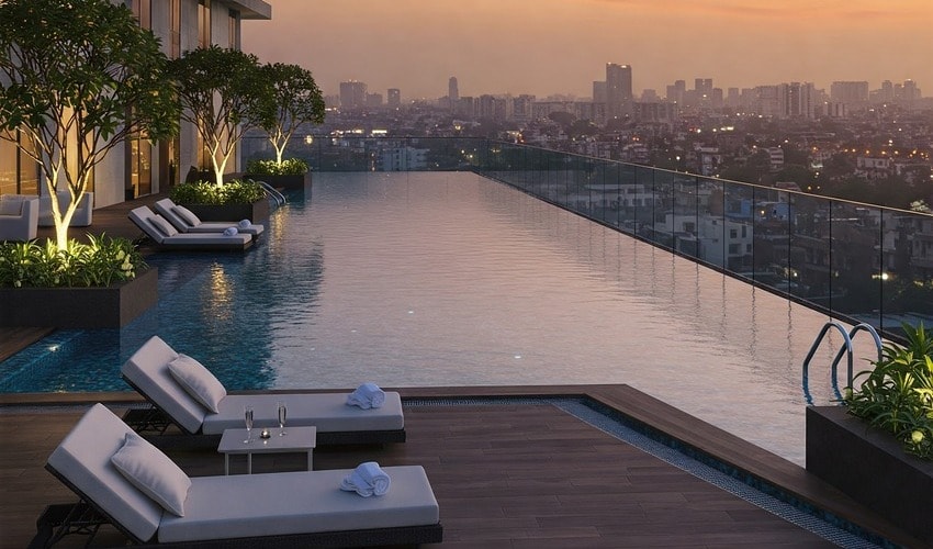 Infinity pool at 24K Living showcasing premium amenities and skyline views in Pune.