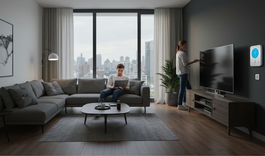 Millennial couple enjoying a tech-enabled, modern luxury apartment, showcasing the smart home features and contemporary design