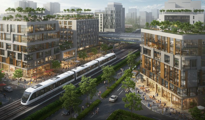 Urban view of a millennial-friendly neighborhood in Pune with modern offices, cafes, and easy access to public transport