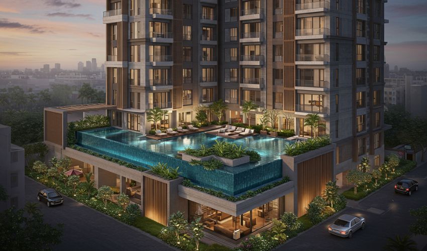 Exterior view of 24K Living in Pune, highlighting sustainable design, green terraces, and resort-style amenities for millennials