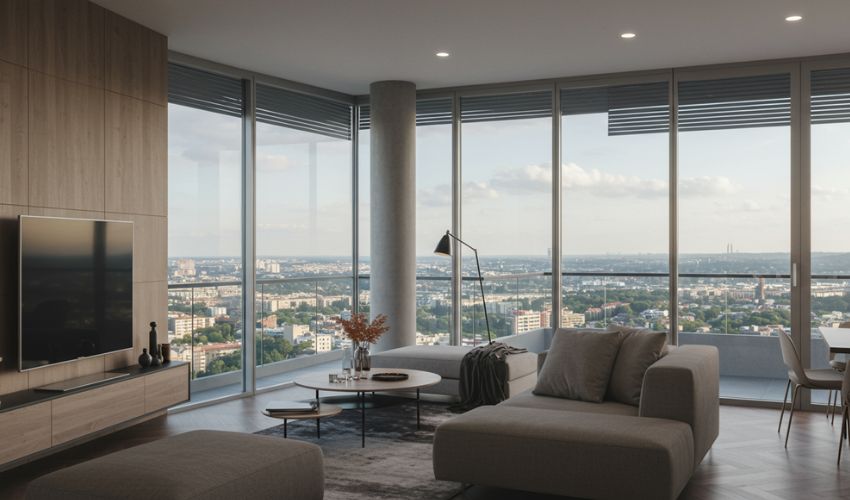 Interior of a 3 BHK luxury apartment, showcasing modern, minimalist design with smart features and panoramic city views