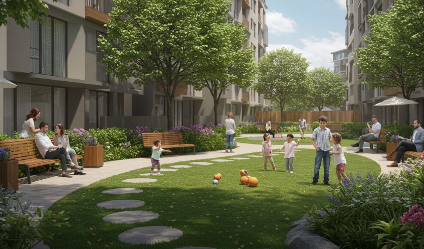 Family enjoying the landscaped gardens at 24K Manor, highlighting the community living experience with green spaces and relaxation areas.