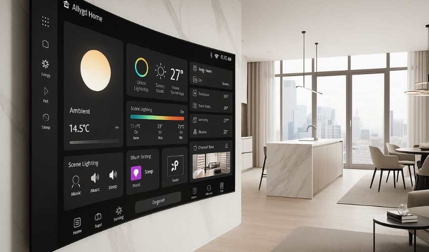 Resident controlling smart home features through mobile app in a modern 2025 luxury apartment