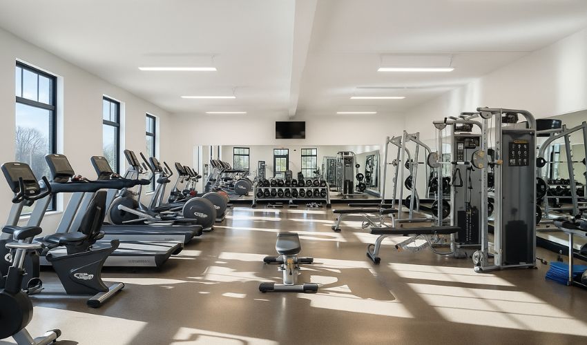 Spacious gym in a luxury apartment with modern fitness machines, free weights, and floor-to-ceiling windows
