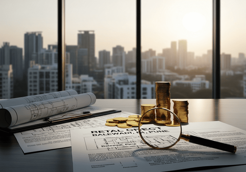 Real estate investment concept in Balewadi Pune with skyline, property documents, and financial growth symbols.