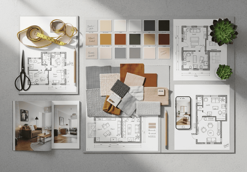 Designer mood board with fabrics, color swatches, and home layout plans.