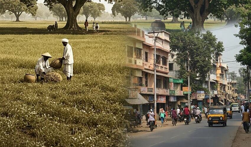 Conceptual image contrasting Pimple Nilakh's rural past with its vibrant present as a modern urban residential area.