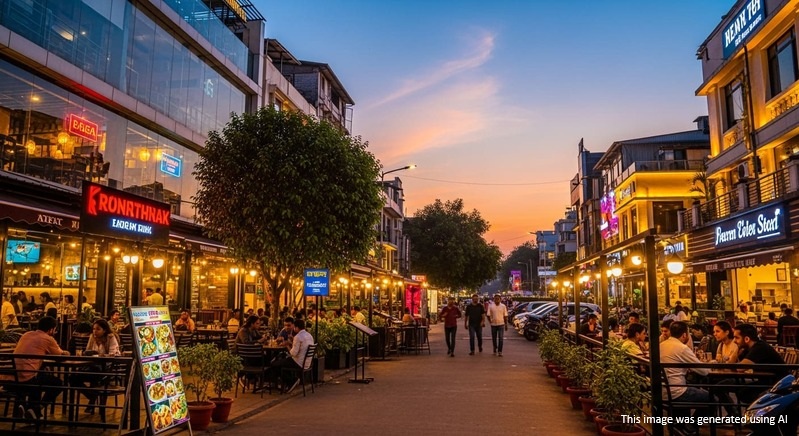 Baner lifestyle image with caf&eacute;s and dining spaces near Pan Card Club Road.