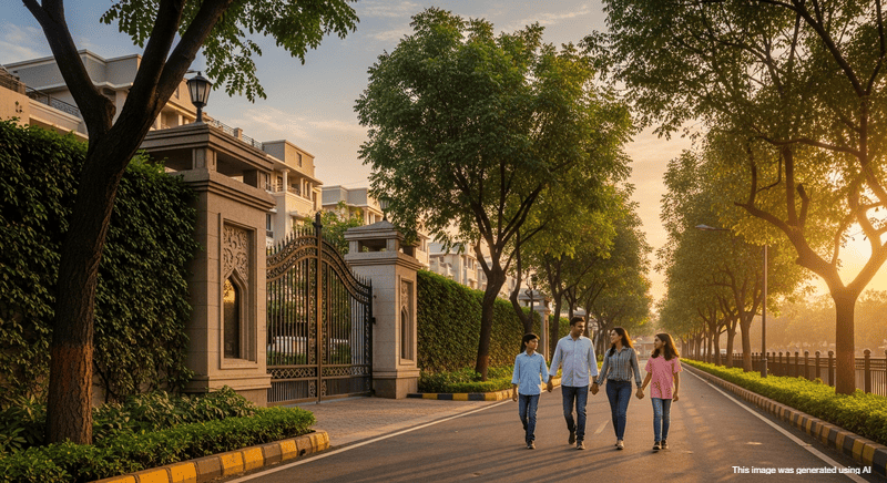 Peaceful gated community street near Pan Card Club Road with green trees and family walk