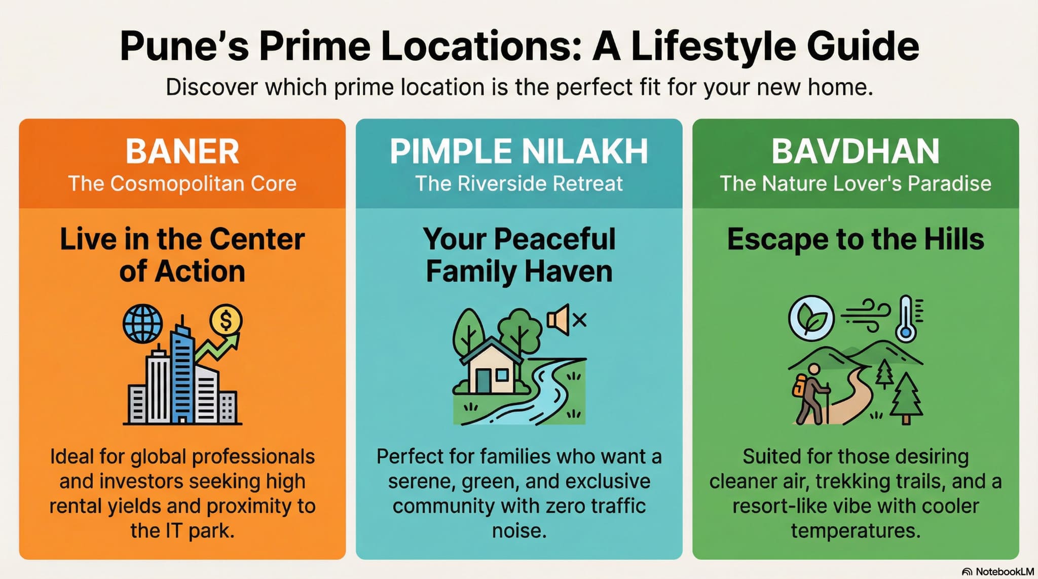 Infographic comparing top residential project locations in Pune: Baner for cosmopolitan living, Pimple Nilakh for riverside peace, and Bavdhan for nature lovers, highlighting lifestyle benefits and connectivity.