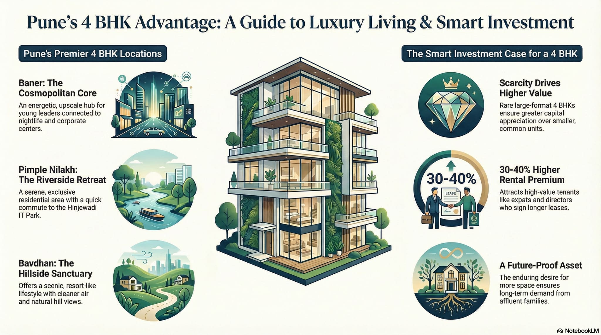 Infographic detailing Pune's premier 4 BHK locations (Baner, Pimple Nilakh, Bavdhan) and investment advantages, including scarcity value and 30-40% higher rental premiums for luxury flats.