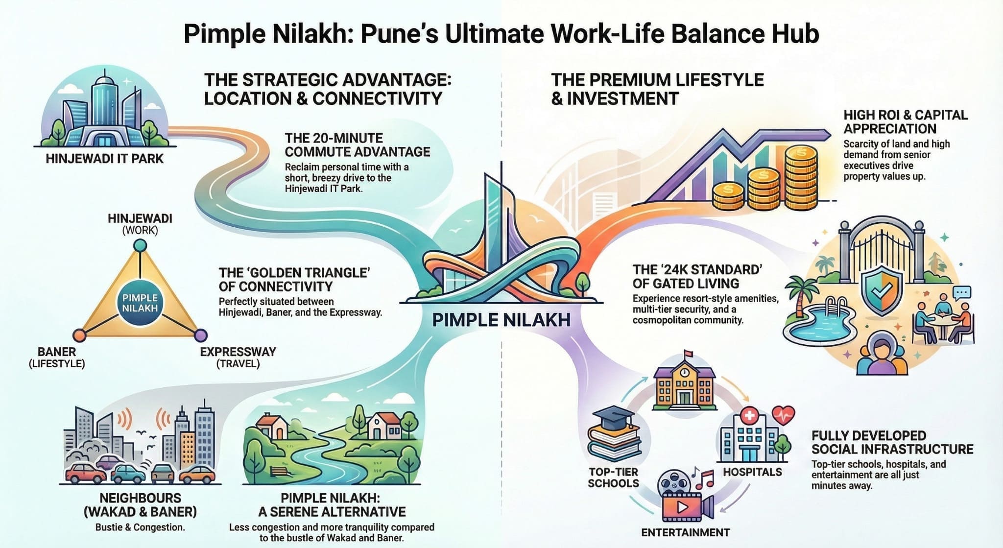 Infographic illustrating Pimple Nilakh as Pune's ultimate work-life balance hub, highlighting the 20-minute commute to Hinjewadi IT Park, Golden Triangle connectivity, high ROI real estate investment potential, and 24K gated community lifestyle amenities.