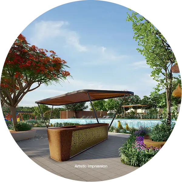 Experience high-end real estate in Pune with a shaded canopy and barbecue counter